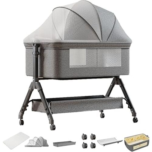 3 in 1 Portable Baby Bassinet Adjustable Height Bedside Sleeper Stable Baby Crib, with Washable Mattress, Changing Table, Storage Bag, 4 Lockable Wheels, Mosquito Net, for 0-12 M (Gray)