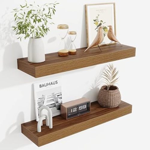 Floating Shelves Set of 2, 24 Inch Floating Shelves for Wall, Wood Wall Shelves with Invisible Brackets, for Bathroom, Bedroom, Living Room, Kitchen, Walnut
