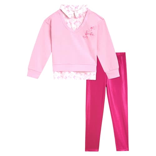 Barbie Girls 2fer Drop Shoulder Fleece Sweatshirt and Leggings Outfit Set Toddler to Big Kid Sizes (2T - 14-16)