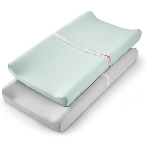 TILLYOU Changing Pad Cover Set in Soft Jersey Material - Fits 32"/34''x16 Contoured Pad for Babies, Lt Green & Lt Gray