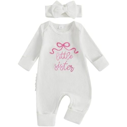 Lehoso Newborn Baby Girl Clothes Long Sleeve Crew Neck Letter Embroidery One Piece Romper Jumpsuit Infant Fall Winter Outfit