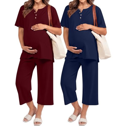 2 Pack Maternity Outfits Pregnancy Postpartum Pajama Lounge Set Oversized T-shirt Capri Pants Soft Summer Sleepwear