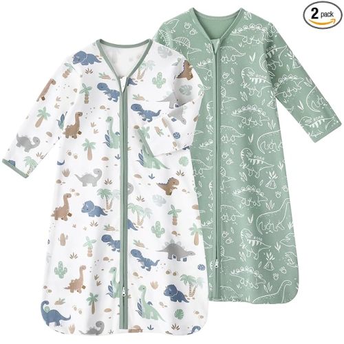 Baby Sleep Sack 0-6 Months, Long Sleeve Baby Wearable Blanket 0.5 Tog with Mittens, 2-Way Zipper Newborn Cotton Sleeping Sack for Boy and Girl Green Dinosaur 2 Pack (Small)