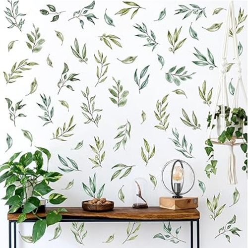 Green Leaves Wall Stickers - Boho Botanical Tree Leaves Wall Decals for Nursery Bedroom Living Room Decor