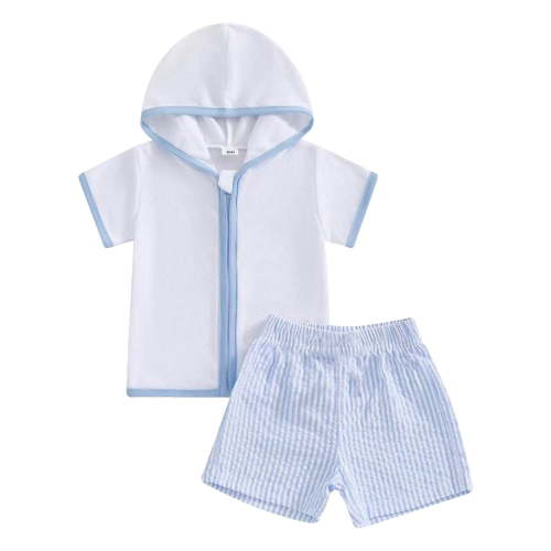 Xudanell Toddler Suit for Boys Swim Cover up Hooded Tops Beach Bathing Zipper Suit Coverup Toddler Boy Clothes Blue 6-12 Months