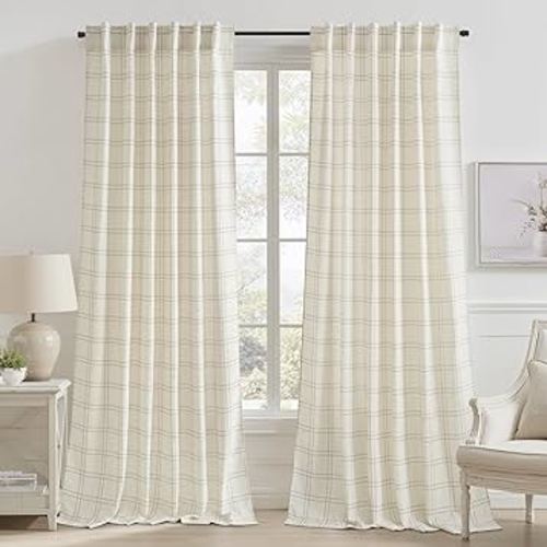 RYB HOME Rustic Plaid Curtains for Living Room Linen Blend Gingham Curtains 84 Inch Length, Farmhouse Vintage Gingham Drapes for Bedroom Farmhouse, 52 X 84 Inch, Light Beige, 2 Panels