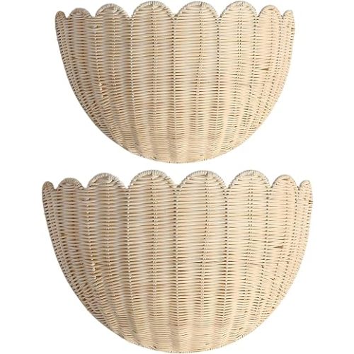 Scalloped Hanging Wicker Baskets for Wall, Scalloped Home Decor, Hanging Woven Rattan Wall Basket for Flowers Front Door Bathroom Storage (1 Set S+M)