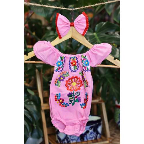 Handmade Mexican Embroidered Floral Baby Onesie – Pink – Viva La Vida Imports