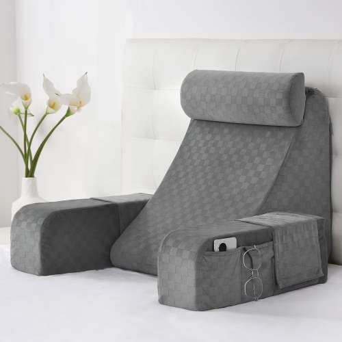 Reading pillow, back support pillow with armrests and large pockets for reading in bed and on the floor, gray