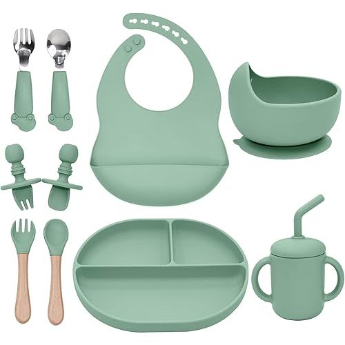 Silicone Baby Feeding Set 10Pcs, Toddler Plates with Suction Baby Bowls, Silicone Bibs for Babies, Toddler Cup, Baby Spoon & Fork, Baby Utensils Feeding Essentials for Starting Solids
