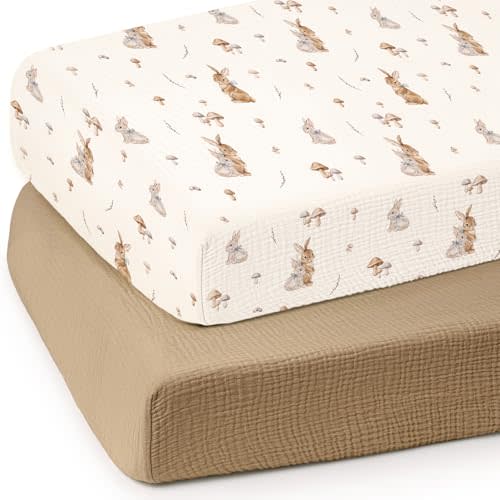lulumoon Baby Muslin Crib Sheets: Soft & Breathable Fitted Crib Sheets for Boys and Girls - Khaki Bunny Sheets for Standard Crib 2Pack