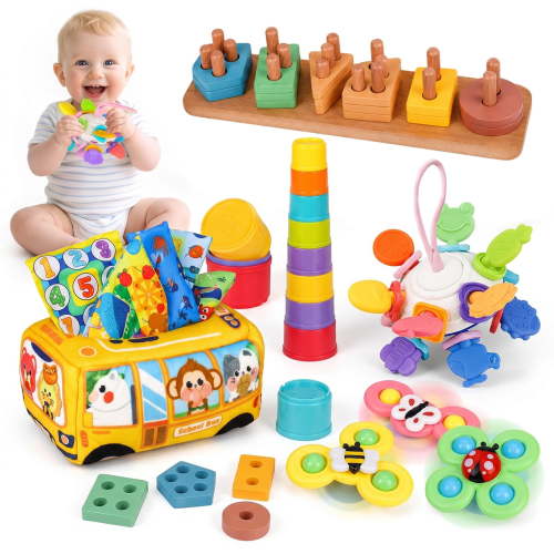 Rirool 5-in-1 Montessori Baby Toys for 6-12 Months, Sensory Stacking Learning Toy Set for Infants, Early Educational Toys for Boys Girls