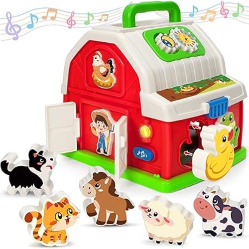 Montessori Toys for 1 2 3 Year Old Boys Girls, Musical Barn Farm Animal set for Toddler, Shape Sorting Educational Toy for Baby 12-18 Month, Learning Fine Motor Skills, Christmas Birthday Easter Gifts