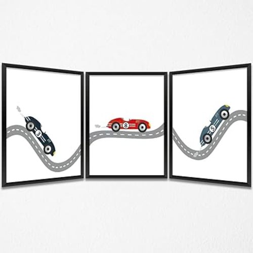 Cute Race Car Prints Wall Art Race Car Nursery Boys Room Decor Cute Vehicle Pictures Paintings Artwork for Home Bedroom Playroom Baby Boys Room Nursery Living Room Wall Decor (8"x10"，3Pcs, Unframed)