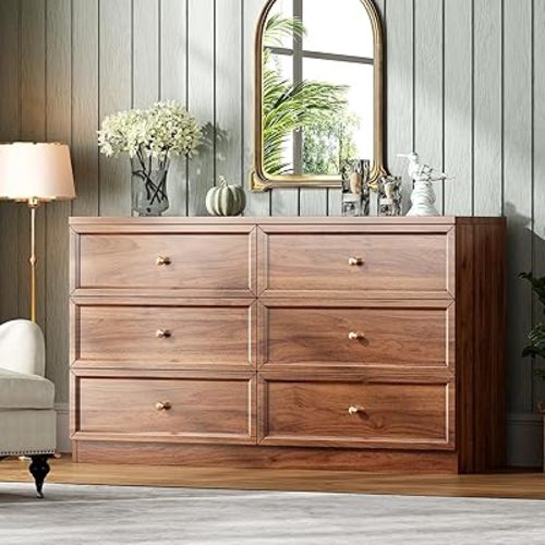 Walnut 6 Drawer Dresser, 47" Modern Chest of Drawers Mid Century Modern Wooden Dresser for Bedroom, Hallway, Entrywa, TV Stand (47" W x 15''D x 27'' H)