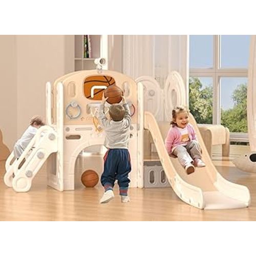 XJD 8 in 1 Toddler Slide Set, Kids Slide for Toddlers Age 1+, Toddler Climber Slide PlaySet with Basketball Hoop and Ball,Outdoor Indoor Playground for Toddlers 1-3 (Beige Coffee, 8 in 1)