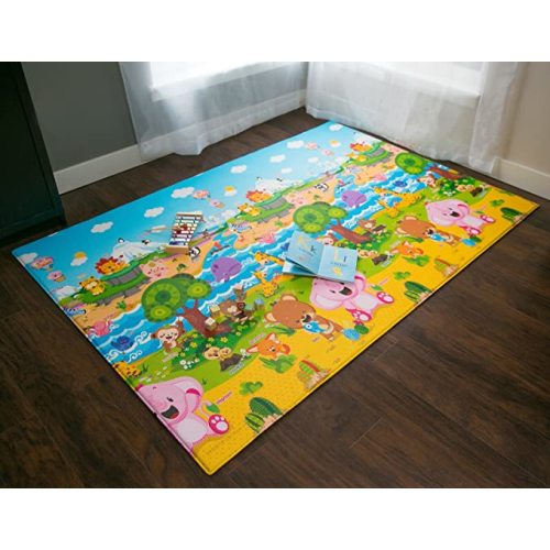 Baby Care Play Mat (Large, Playful - Pinko & Friend) 82'' x 55'' Original One-Piece Reversible Rollable Waterproof Play Mat for Infants, Babies, Toddler, and Kids