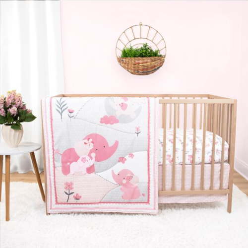 The Peanutshell 3 Piece Pink Elephant Infant Crib Bedding Set for Baby Girls