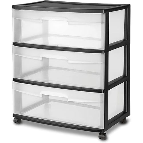 3 Drawer Wide Plastic Storage Cart with Clear Pull-Out Drawers & 4 Wheels - Medium Home Organization Container for Classroom Bathroom Dorm Bedroom Laundry Room (Black)