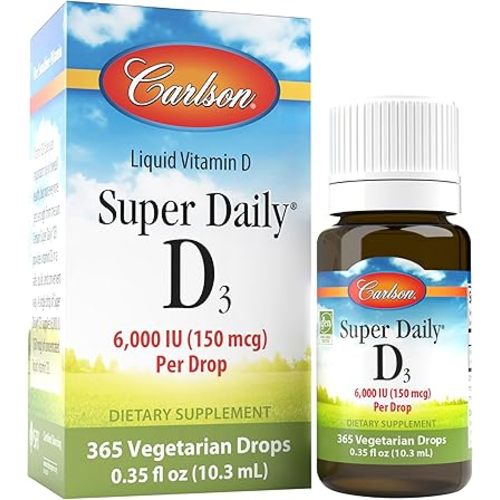 Carlson - Super Daily D3, 6000 IU (150 mcg) per Drop, Liquid Vitamin D3, 1-Year Supply, Non-GMO, Unflavored, 365 Vegetarian Drops (10.3 mL)