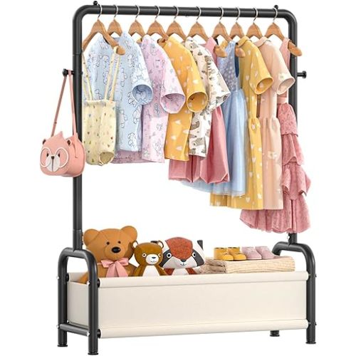 Kids Clothing Rack with Storage Shelf, Kids Dress Up Rack Storage for Coats, Small Baby Garment Rack for Hanging Clothes, Toddler Wardrobe Closet Organizer for Kids (Classic, Black)