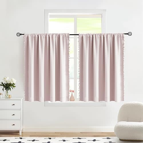 Treatmentex Pompom Pink Full Blackout-Curtains for Bedroom, Thermal Insulated Small Curtain Drapes for Baby Nursery Room Basement 52" W x 45" L 2 Panels Rod Pocket