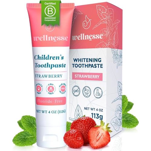 Wellnesse Kids Hydroxyapatite Toothpaste with Xylitol & Fluoride-Free - Natural Ingredients w/Strawberry Flavor - Suitable for Toddlers to Baby Kids Toddler - Sensory Friendly, Vegan & Cruelty-Free - 4 Ounce (Pack of 1)