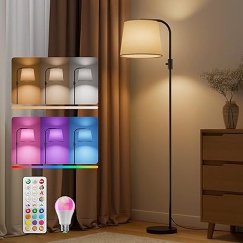 Dimmable Arc Floor Lamp, 1200 Lumens RGBCW Color Change Bulb Included, Standing Lamp with Linen Shade, 65" Tall Lamp with Remote for Living Room, Bedroom, Office, Dining Room, Kitchen, Black