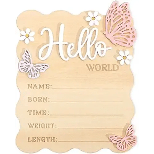 Butterfly Daisy Hello Worid Board - Little Butterfly Birth Announcement Sign, Wooden Hello World Card for Hospitals, Newborn Birth Information Record Board, Daisy Nursery Decorations Photo Props