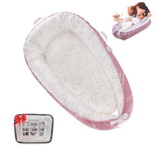 Baby Lounger for Tummy Time Cotton,Baby Play Mat Diaper Changing Pads for Babies with Handles,Newborn Babies Essentials Gifts 0-24 Months Home Travel(Elephant Pink)