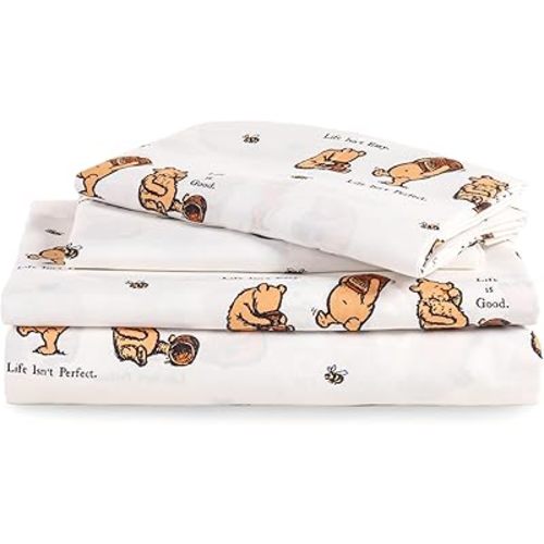 Berkshire Life is Good® Microfiber Sheets, Full Size - 4 Pieces, Life is Good® Mini Winnie and Hunny Toss White, Cute Character Snoopy Printed Soft Microfiber Bed Sheets