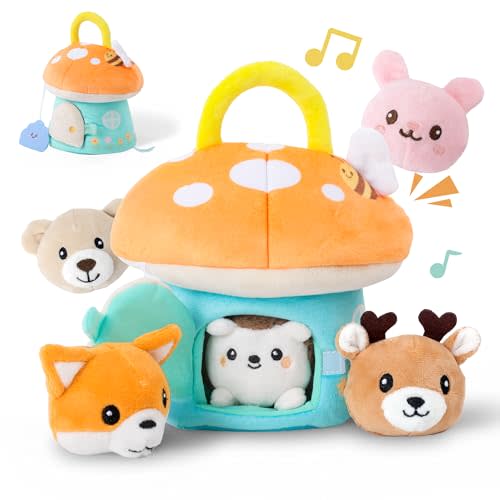 Baby Toys 6-12 Months - My First Mushroom House with 5 Stuffed Forest Animals, Busy Montessori Toys with Rattle, Crinkle, Squeaker, Mirror, Sensory Toys, Christmas Birthday Gift