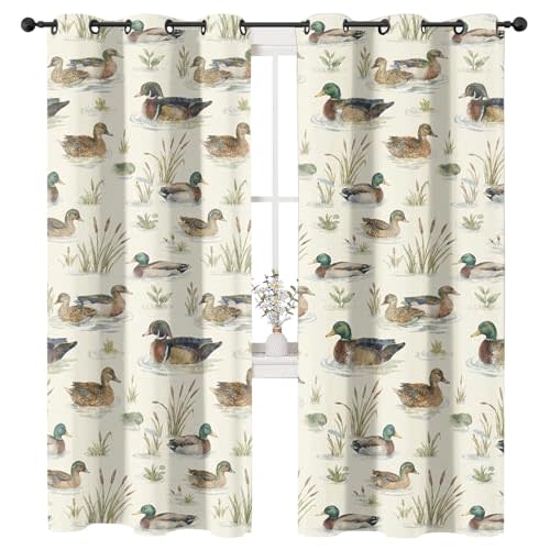 Blackout Curtains 63 Inches Long, Mallard Duck Watercolor 2 Panels, Wildlife Nature Room Darkening Thermal Insulated Soundproof Grommet Window Treatments Drapes,42X63