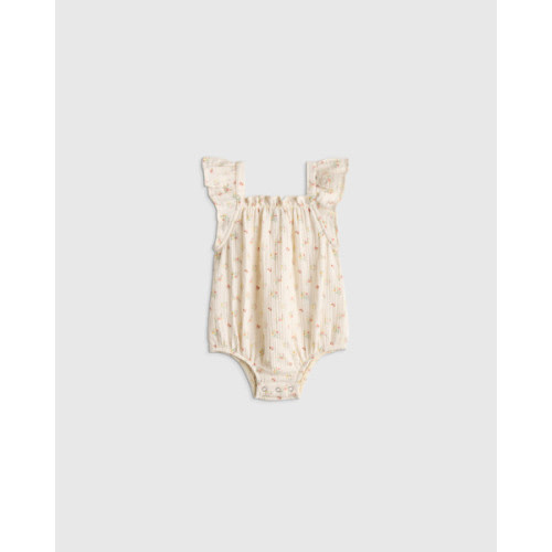 Girls Organic Cotton Gauze Flutter Sleeve Bubble Romper - Baby in Strawberry Floral