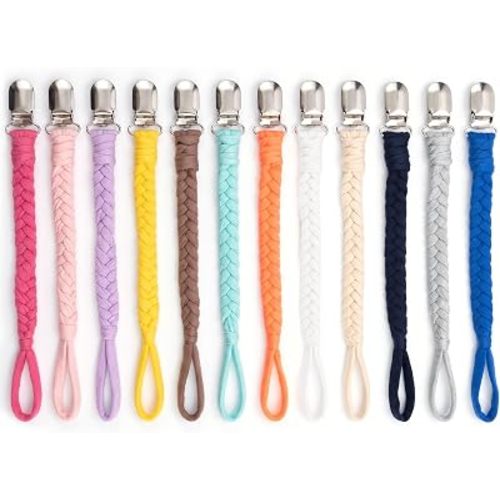Pacifier Clip 12 Pack – Handmade Braided Cotton Paci Holder for Baby Boys and Baby Girls,Soft & Safe Binky Leash,12 Vibrant Colors Binky Clips Fit for All Pacifiers