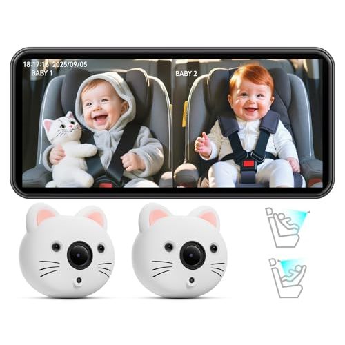 IIWEY Baby Car Camera for 2 Kids – 7.2” Ultrawide Split-Screen Monitor with Dual 1080P HD Car Seat Cameras, Cute Replaceable Cat Covers, Night Vision, Type-C Power, Easy Install for Twins or Siblings