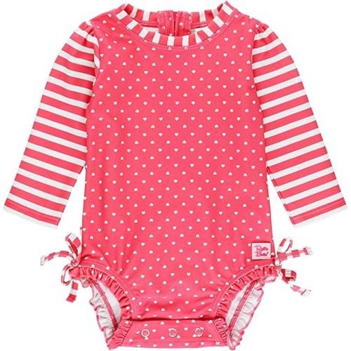 RuffleButts Baby Girls UPF 50+ Sun Protection Gingham Printed Long Sleeve One Piece Rash Guard Swimsuit with Zipper