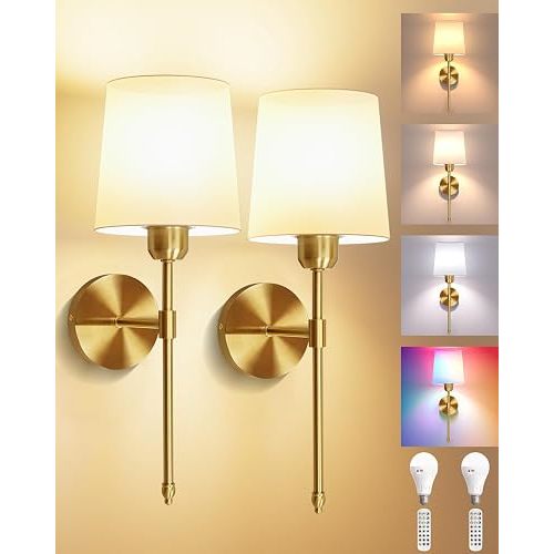 Battery Operated Wall Sconces Set of 2, Remote Control, RGB Bulb, Gold