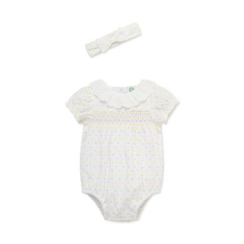 Baby Girls Smocked Dot Bubble Onesie with Headband