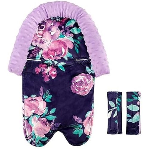 TANOFAR Baby Car Seat Head Support for Girls, Infant Carseat Insert Super Soft Newborn Headrest Seatbelt Covers for Car Seat, Purple Flower