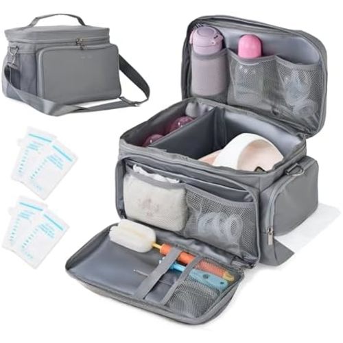 2026 New Upgraded Breast Pump Bag Fit for Spectra S1 and S2, Breast Pumping Bag with Waterproof Mat + 4PCs Plastic Bags for Milk, Portable Pump Carrying Case for Work, Travel and Family Use (Gray)
