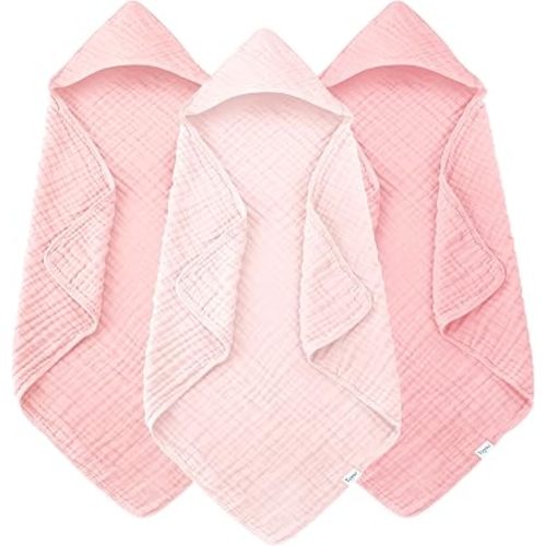 Muslin Hooded Baby Bath Towels - 3 Pack 100% Cotton Ultra-Soft Towels for Newborns, Infants, Toddlers - 32x32 Inch - Highly Absorbent, Quick-Dry Essentials for Bath Time, Beach, Pool, Pink Series