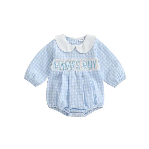 Rovasas Baby Boy Romper Casual Letter Embroidery Plaid Long Sleeve Jumpsuit