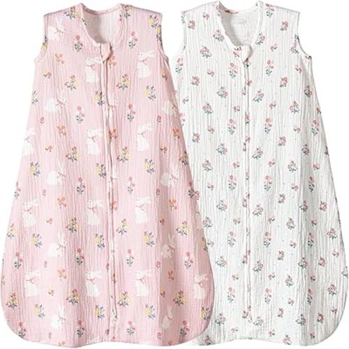 david's kids Muslin Cotton Baby Sleep Sack 6-12 Months, 2 Pack 100% Cotton Sleep Sack for Summer, TOG 0.5 Baby Wearable Blankets with 2-Way Zipper, Soft Sleep Sacks for Newborn, Rabbit & Floral
