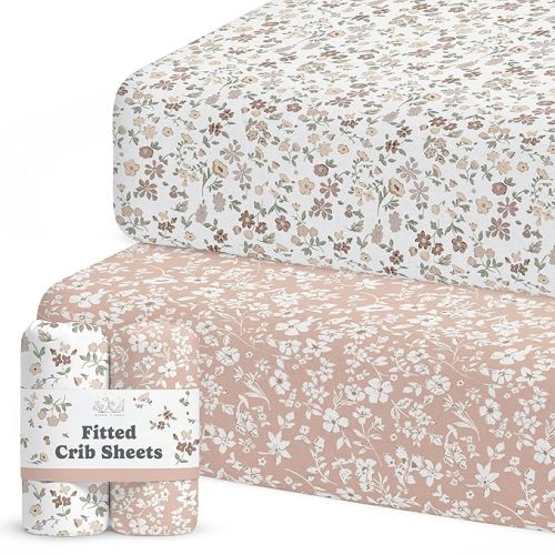 Crib Sheets Neutral - Fitted Baby Crib Sheets Bed for Girl Boy - 2 Pack Standard & Toddler Mattress - Buttery Soft Organic Cotton Blend (Fleurette)