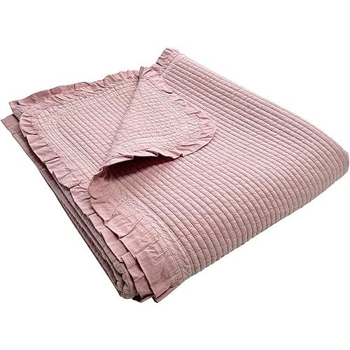 100% Cotton Frilled Bed Coverlet, Blanket – Twin Size Bed 63 x 83” - Pigment Washed Soft & Breathable Quilted Blankets for Bed and Couch – Lightweight Bed Coverlet for All Seasons (Indy Pink)