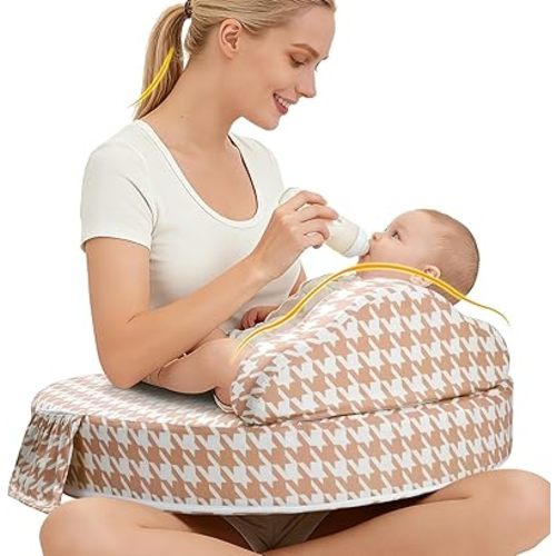 Nursing Pillow -Memory Foam Bottle & Breastfeeding Pillow with Safety Fence -Ergonomic Support, with Wider Breast Feeding Cushion, Adjustable, Removable Cover, Baby Safety Certified Houndstooth