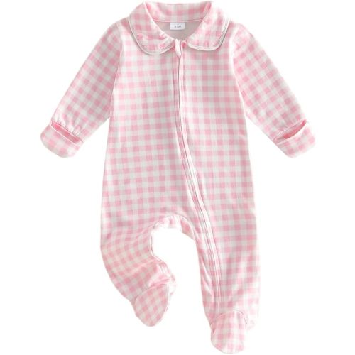 Seyurigaoka Newborn Baby Boy Girl Clothes Striped Footed Romper Peter Pan Collar Zipper Jumpsuit Going Home Outfit