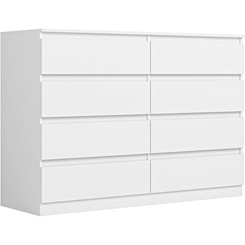 Vibe & Dine 8 Drawer Double Dresser, Modern Chest of Drawers with Wide Storage for Closet, Bedroom, Living Room, White