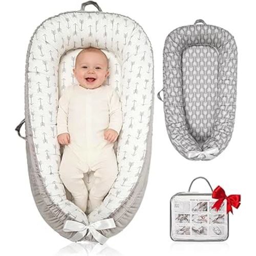 Baby Lounger | Organic Cotton Infant Floor Lounger | Reversible, Adjustable & Portable | 2 Assorted Promotional Colors (Gray Arrow & White Arrow) - Random Delivery, Please Confirm Before Ordering